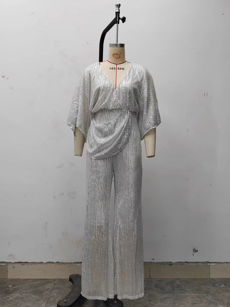 Women's Clothing Sequined Sexy Deep V Backless Jumpsuit Pants_voghion.com