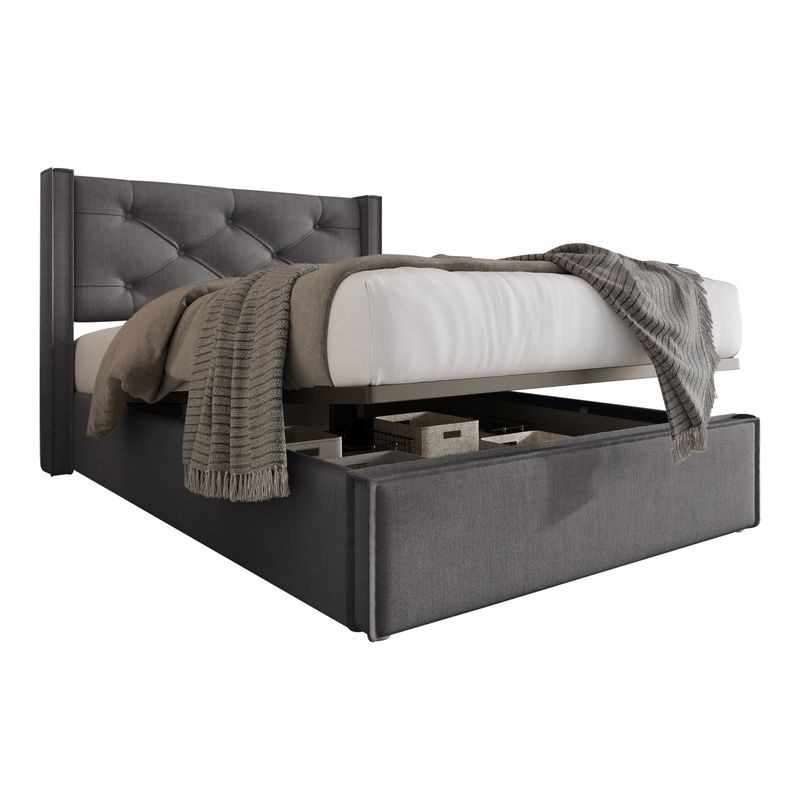 Lit simple avec rangement hydraulique 90 x 200 cm, matelassé avec sommier à lattes métalliques, cadre de lit moderne en coton gris._voghion.com