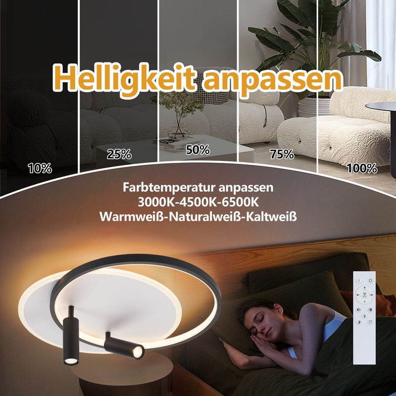 Glitzerlife Deckenlampe LED Deckenleuchte Wohnzimmer - Wohnzimmerlampe 52W Mit 2 Schwarz Deckenstrahler Dimmbar Mit Fernbedienung Moderne Acryl Küchenlampe Rund_voghion.com