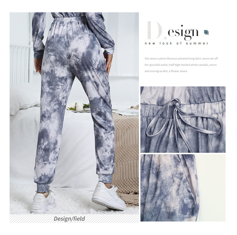 Dameskleding onafhankelijke station spot kleding tie-dyed ronde hals lange mouwen trekkoord broek jumpsuit_voghion.com