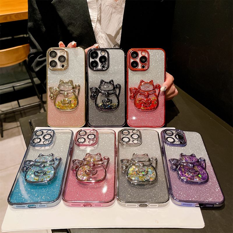 Custodia per telefono Flowing Sand Electroplated Wealth Cat adatta per iPhone 11, 12, 13, 14, 15 Pro Max con pellicola per obiettivo integrata_voghion.com