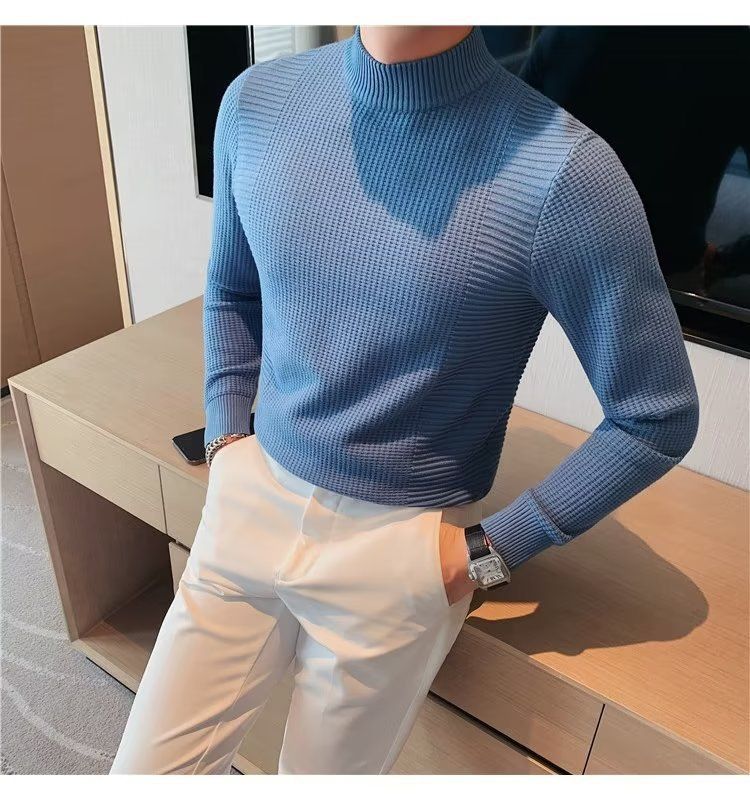 Herrenbekleidung Herren-Basispullover Frühling und Herbst neuer Slim Fit-Pullover mit mittlerem Halsausschnitt im koreanischen Stil mit halbhohem Kragen_voghion.com