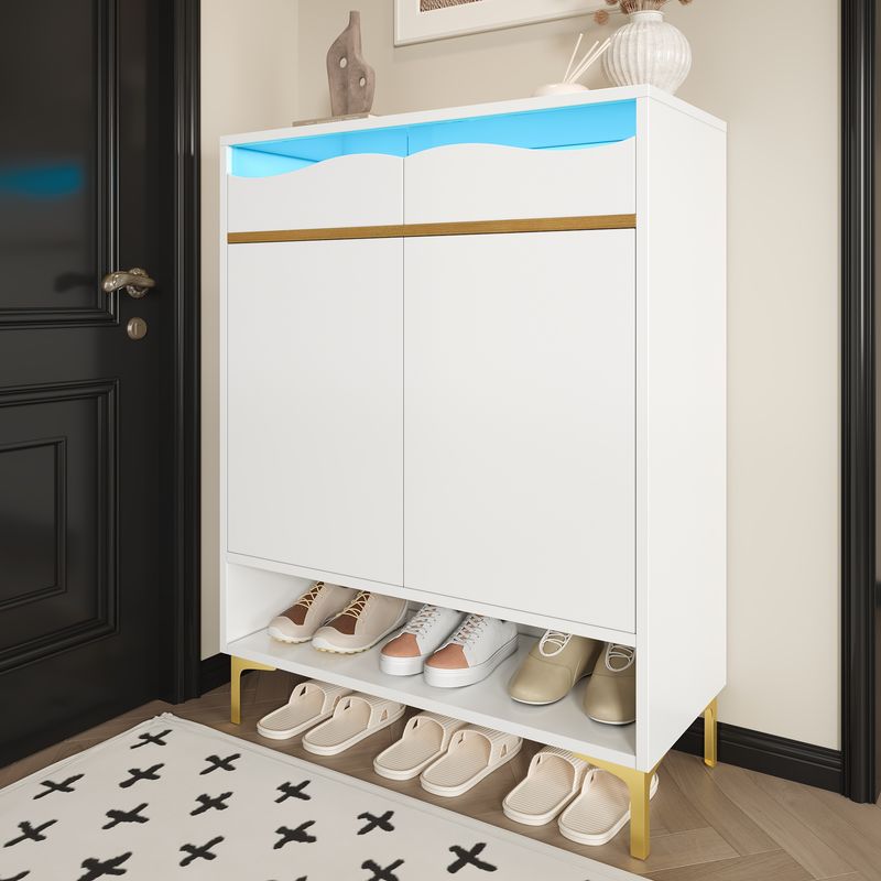Meuble à chaussures blanc moderne avec éclairage LED 16 couleurs – Rangement gain de place pour couloir 80 x 35 x 105 cm avec tiroirs et étagères – Pour entrée, salon, couloir_voghion.com