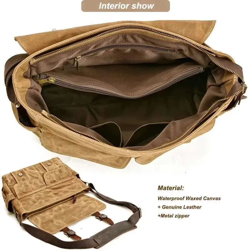 Borsa a tracolla in tela cerata da uomo - Borsa per laptop in pelle vintage da uomo_voghion.com