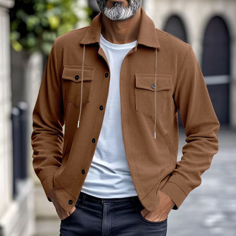 Autumn American Heavy Corduroy New Simple Versatile Multi Pocket Long Sleeved Stand Up Collar Jacket Men's Clothing_voghion.com