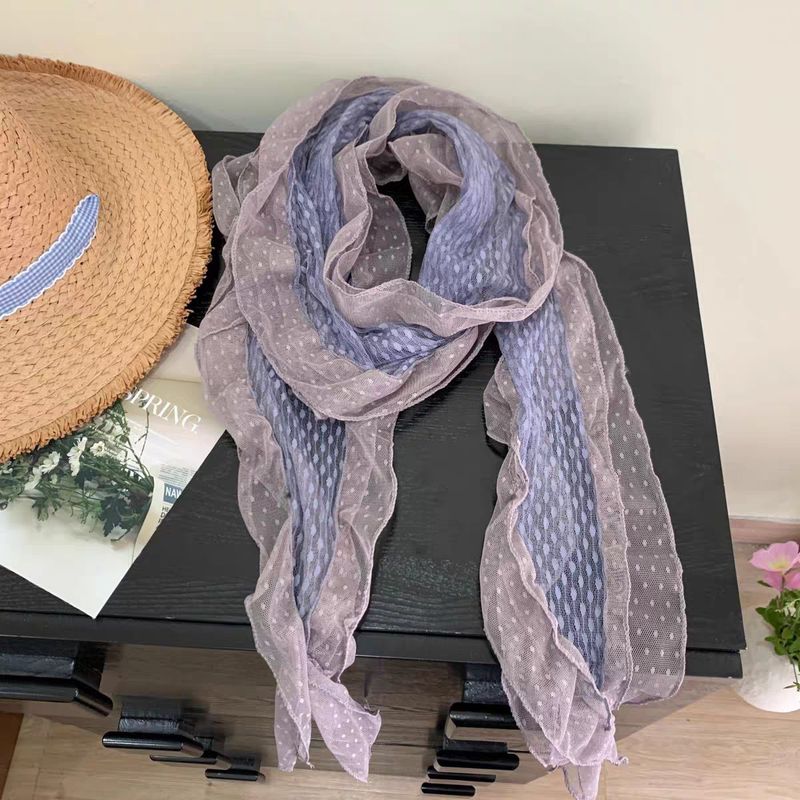 Sciarpa lunga da donna in seta con volant e bordo in pizzo a pois blu grigio antico Fujii Shu, stile primaverile e autunnale_voghion.com