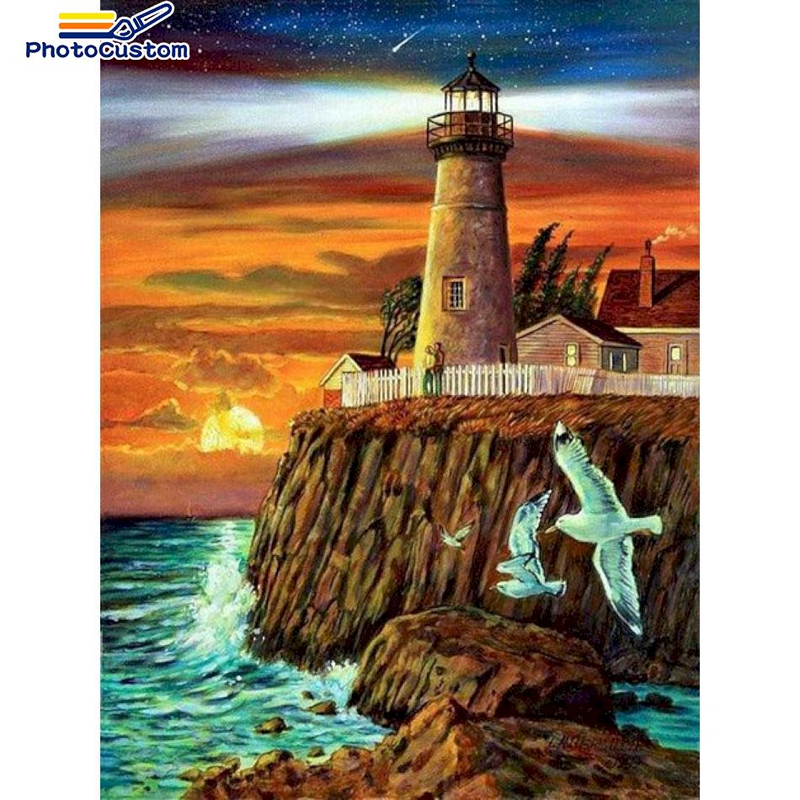 PhotoCustom 5d Diamond Painting Dusk Watchtower Scenery Full Square/Round Drill Diamond Embroidery Diamond Mosaic Picture_voghion.com