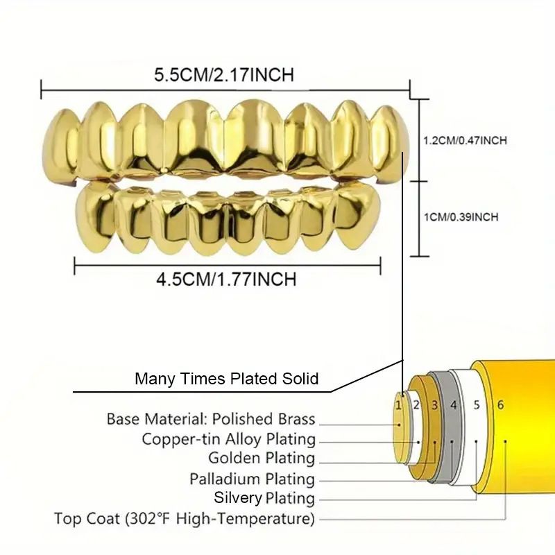 Set di grillz Hip Hop in oro - 8 denti superiori e inferiori, rame elettrolitico 18 carati, eleganti gioielli dentali (oro, argento, nero canna di fucile, oro rosa)_voghion.com