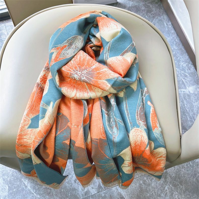 Bufanda elegante de cachemira con diseño de loto para mujer, para otoño e invierno, cálida y gruesa, para ciclismo, resistente al viento, para regalo_voghion.com