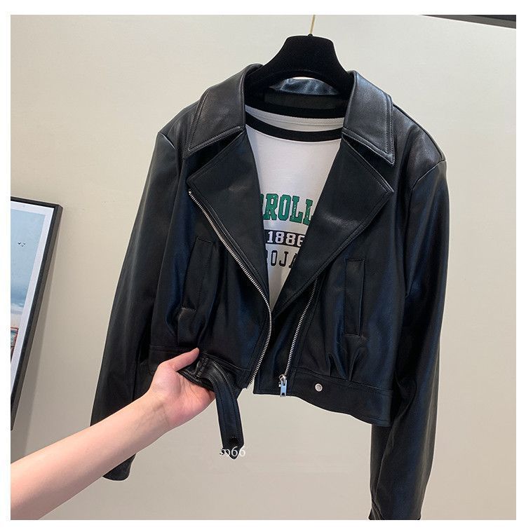 European Style For Women, Fleece-Lined, Autumn New Style, Elegant Turn-Down Collar, Petite Short PU Leather Slimming_voghion.com