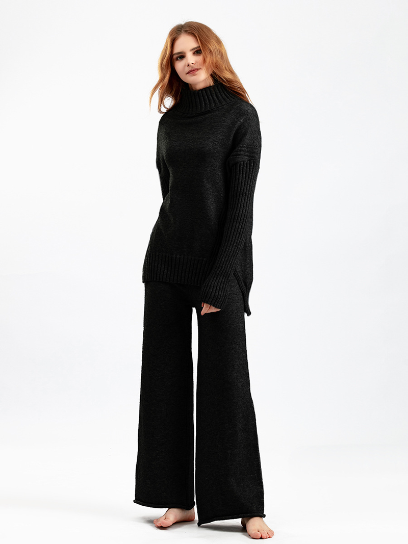 Vêtements pour femmes style paresseux pull à col roulé ample costume style occidental pour femmes pantalons à jambes larges à la mode ensemble deux pièces pour les femmes_voghion.com