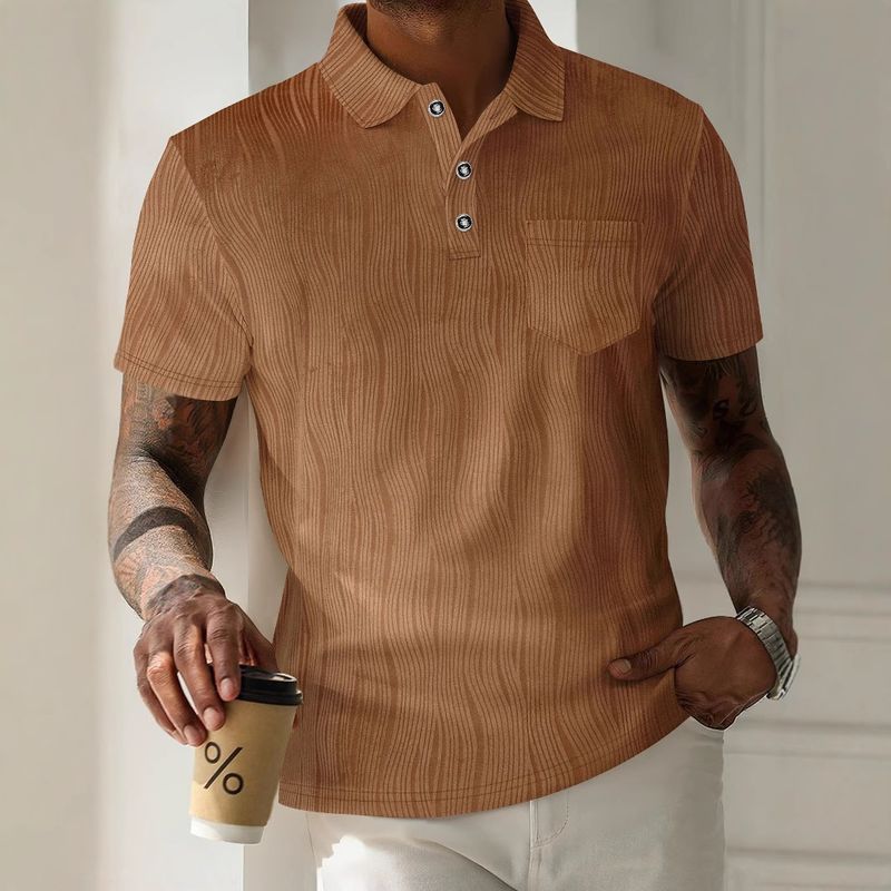Men's New Lapel Button Pocket Corduroy Solid Color Casual Short Sleeved Polo Shirt_voghion.com