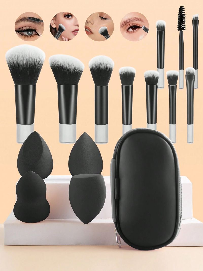 10-teiliges Regenbogen-Reise-Make-up-Pinsel-Set mit 4 Mischschwämmen, Etui mit Reißverschluss, kompaktes Kosmetikpinsel-Set mit kurzem Griff, tragbare Make-up-Grundausstattung_voghion.com