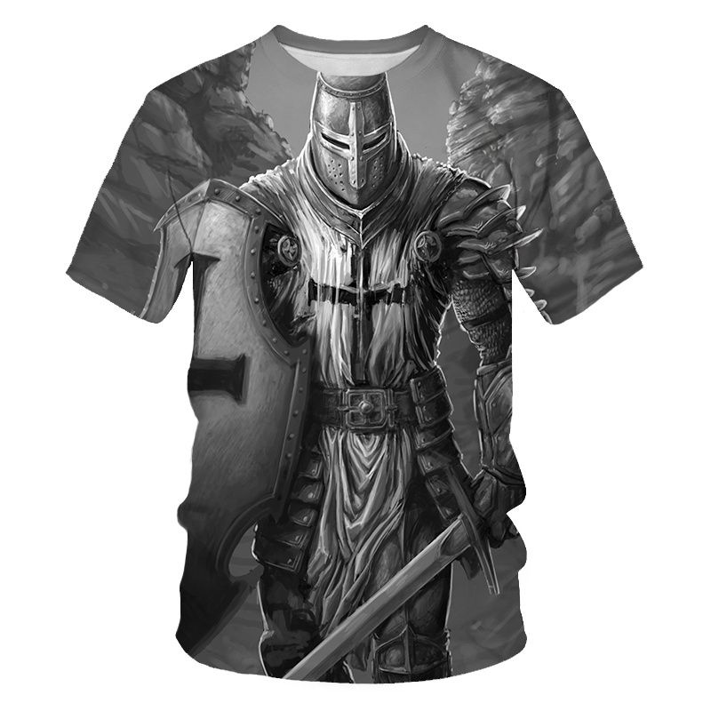 Medieval Knight Templar Print 3D T-Shirt Divine Cross Pattern Men's O-Neck Short Sleeve Casual T-Shirt Vintage Street Clothing_voghion.com