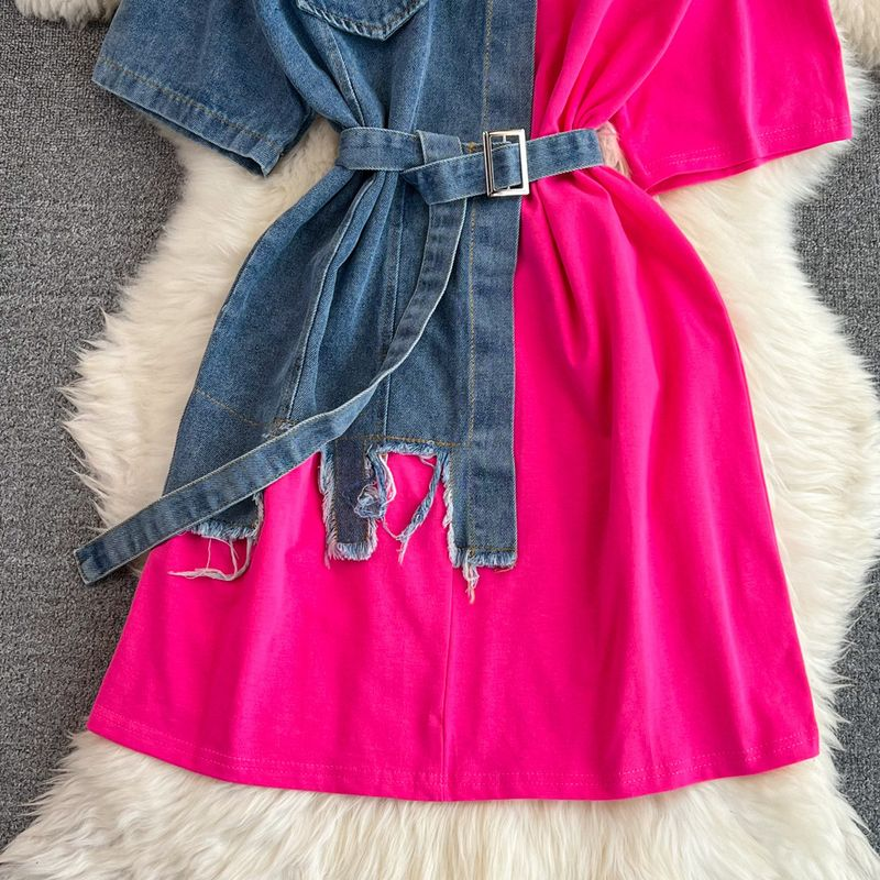 Abbigliamento da donna camicia in denim a blocchi di colore con girocollo in vita retrò, primavera, nuovo stile, chic, casual, di media lunghezza_voghion.com