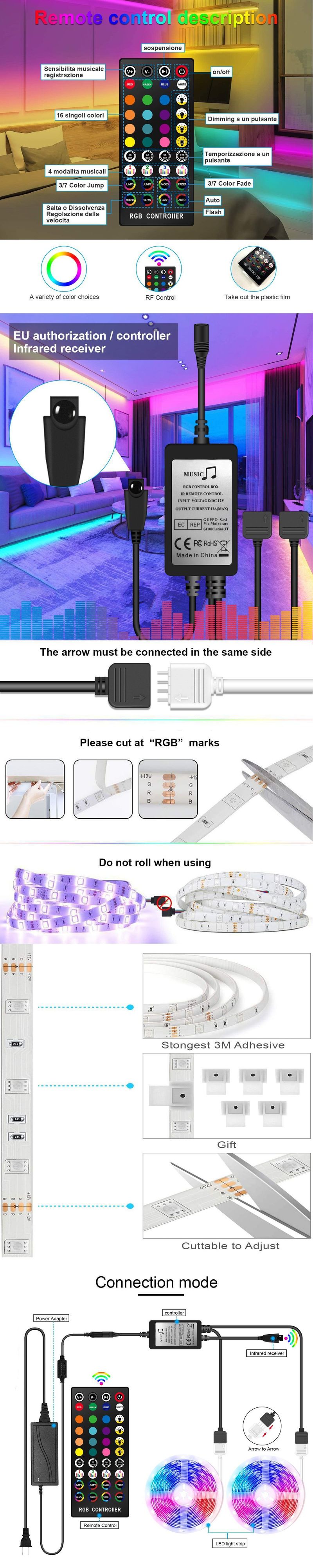 Striscia luminosa a LED Bluetooth 5050, set di strisce luminose RGB colorate impermeabili con timer musicale_voghion.com