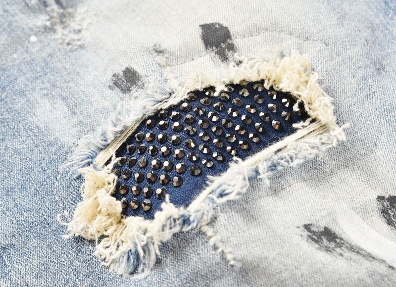 Herrenbekleidung High Street Diamond Splash Ink Wash Hole Patch Patchwork Hot Diamond Jeans Bettlerhose_voghion.com