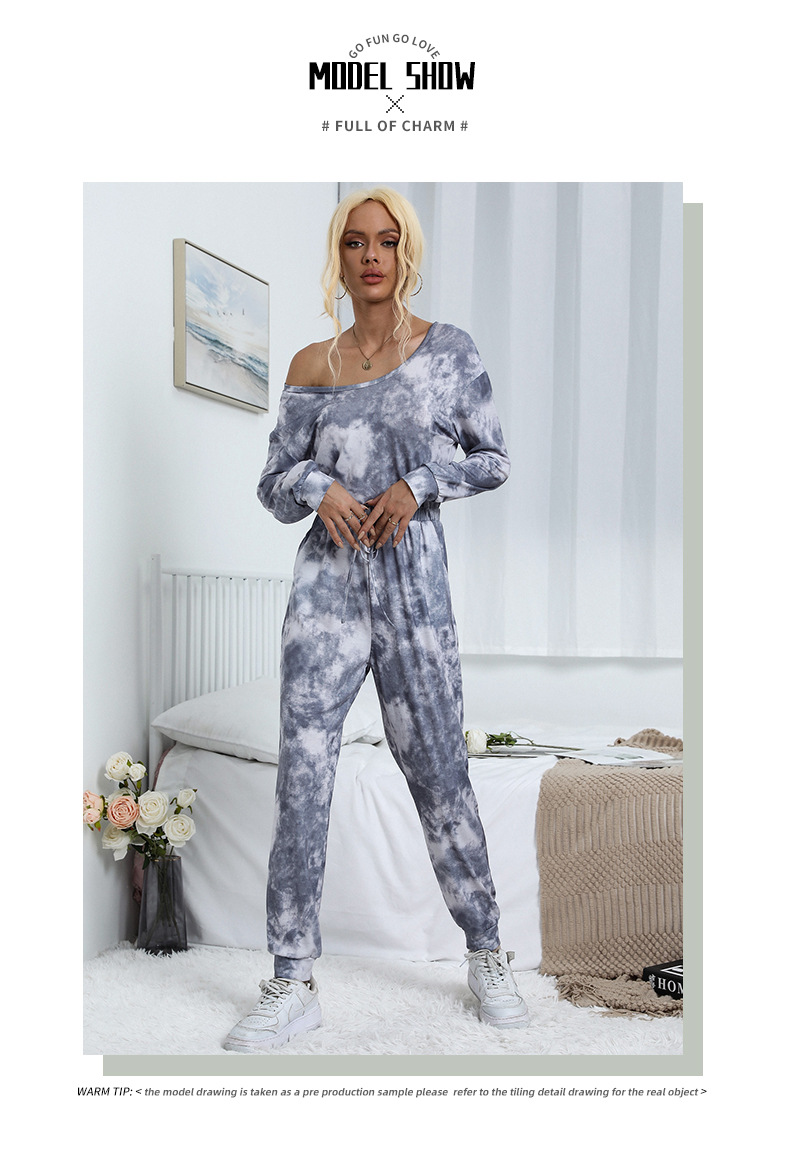 Dameskleding onafhankelijke station spot kleding tie-dyed ronde hals lange mouwen trekkoord broek jumpsuit_voghion.com