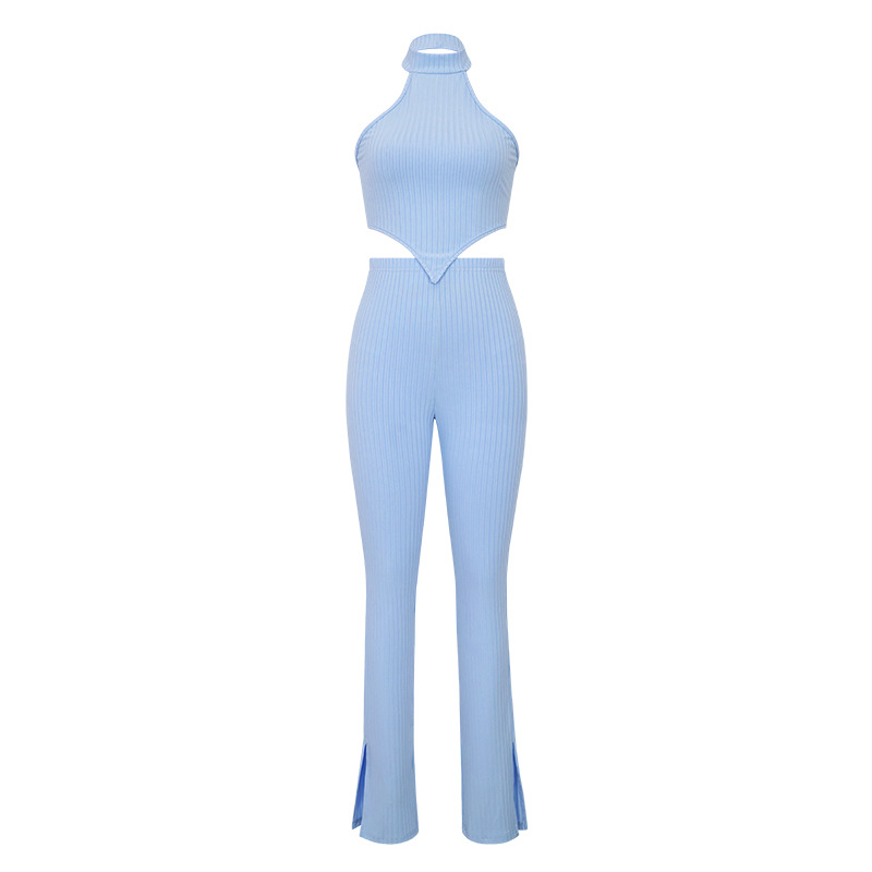 Set da donna in due pezzi casual con pantaloni a camicia senza maniche con collo appeso e ampia striscia in tinta unita_voghion.com