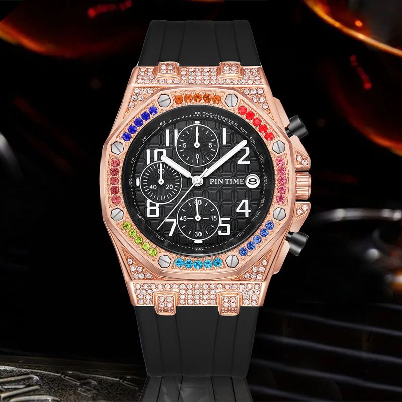 Luxuriöse Herrenuhr mit Diamantakzenten, Multifunktions-Chronograph, Datumsanzeige und 30 m Wasserdichtigkeit – Roségoldgehäuse und Silikonarmband_voghion.com