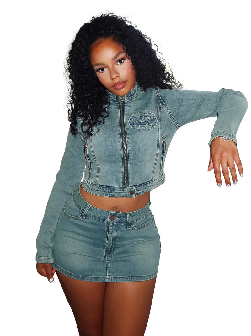 Abito da donna in denim elasticizzato con toppa digitale ricamata, completo due pezzi_voghion.com