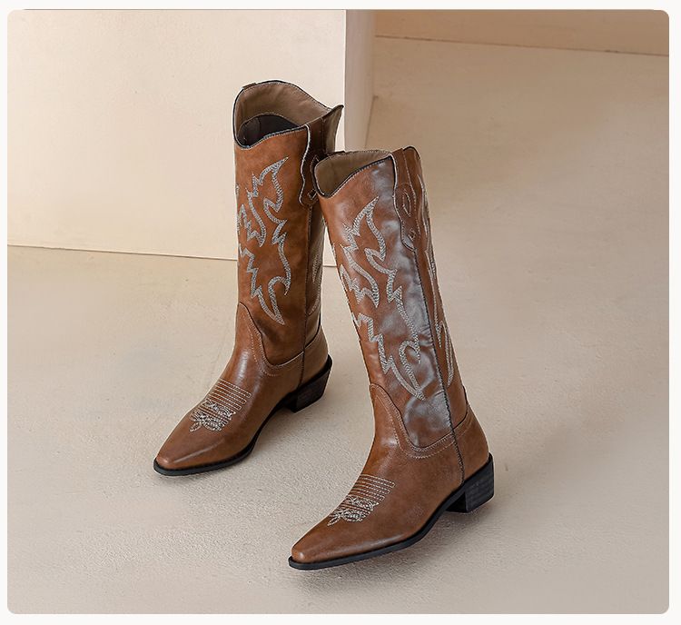 2024 Summer Western Cowboy Martin Fat mm Wide Long Sleeve Embroidery Large Size 41-43 Women's Knee High Boots_voghion.com