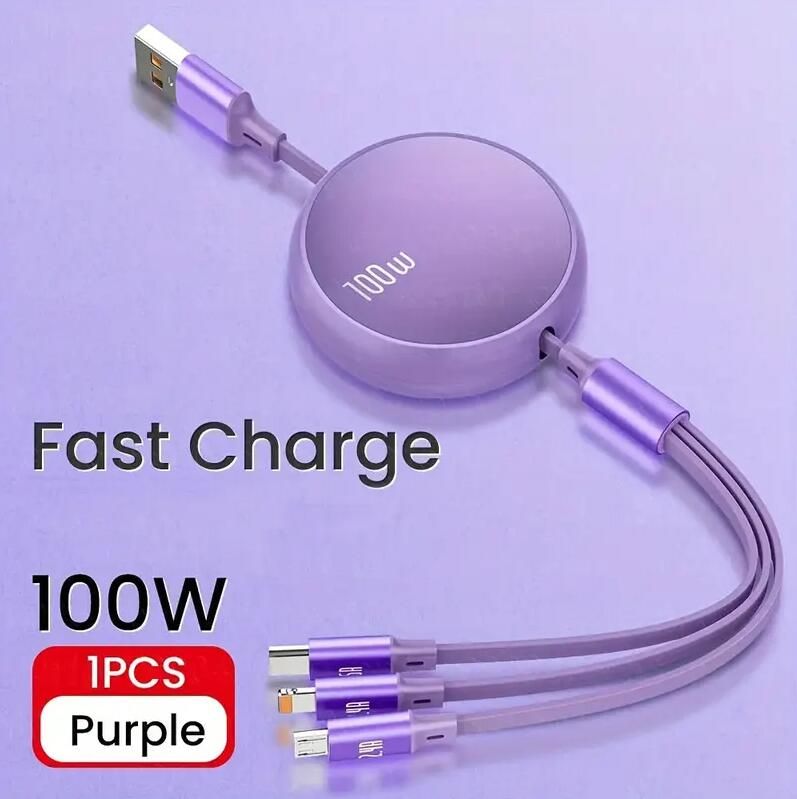 Cavo di ricarica rapida USB C retrattile 3N1, con supporto di potenza 6A e 100W, compatibile con iPhone 13, 14, 12, 11 Pro, X Max, nonché con dispositivi Huawei e Samsung._voghion.com