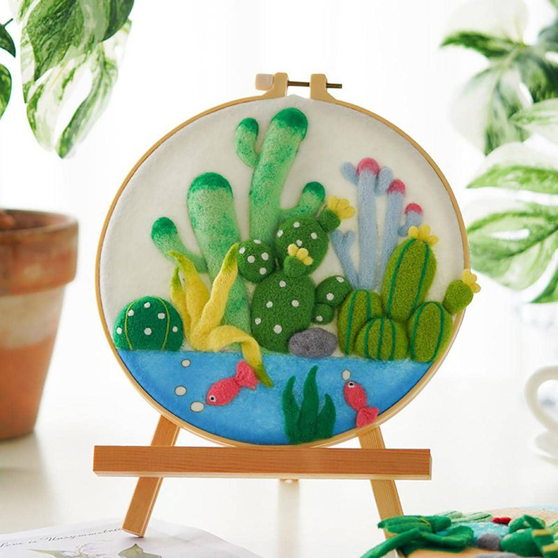 RUOPOTY Klassisk uldmaling Vandkaktus Håndlavet broderiramme Filtnålesæt Vægkunstgave_voghion.com