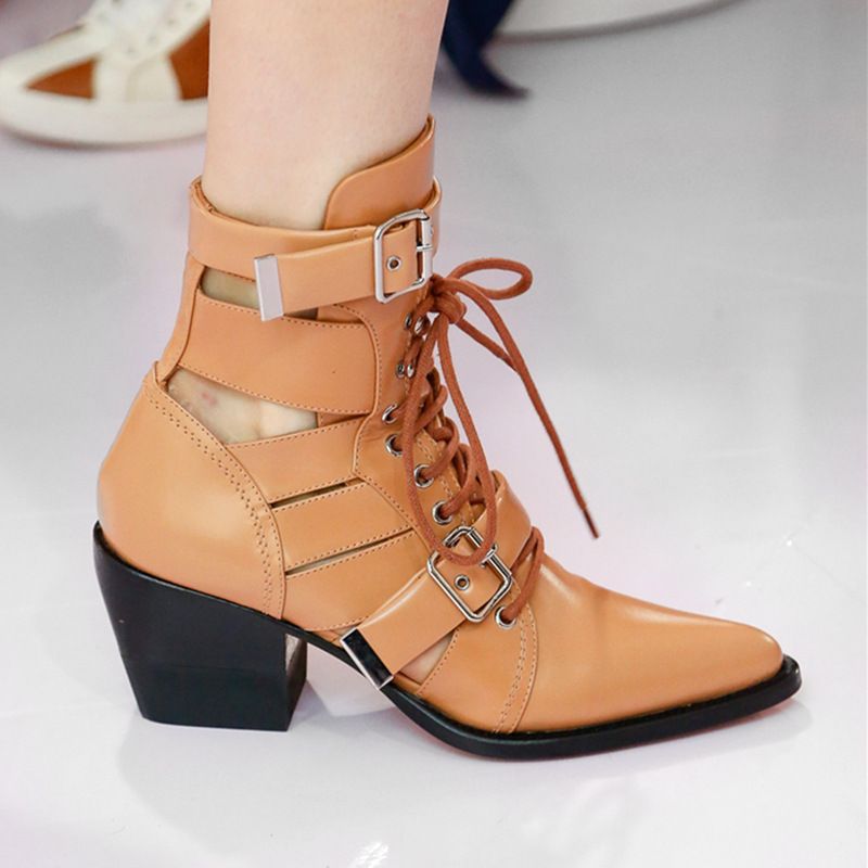 2021 Fashion Show Chunky Heel Hollow Lace-up Genuine Leather Belt Buckle Pointed Toe Ankle Boots Plus Size Shoes_voghion.com