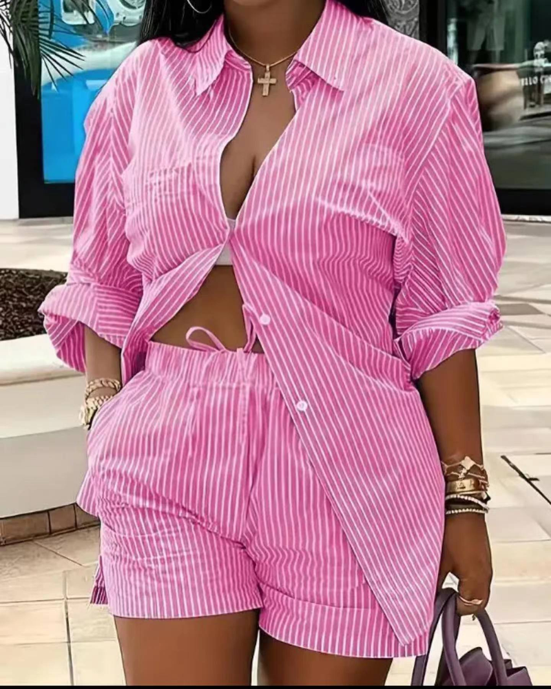 Women's Printed Suit Lapel Shirt Shorts Two-piece Set Long-sleeved Printed Button Lace-up Shorts Two-piece Set_voghion.com