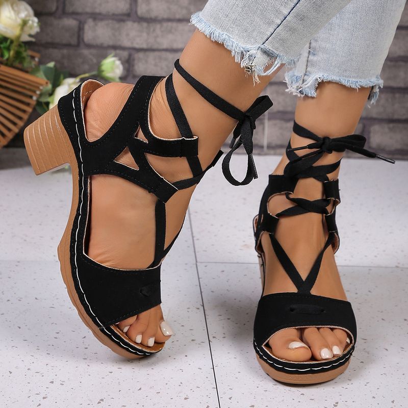 Plus Size Chunky Heel Spring Summer New Hollow Peep Toe Flower Buckle Casual Women's Sandals Strappy_voghion.com