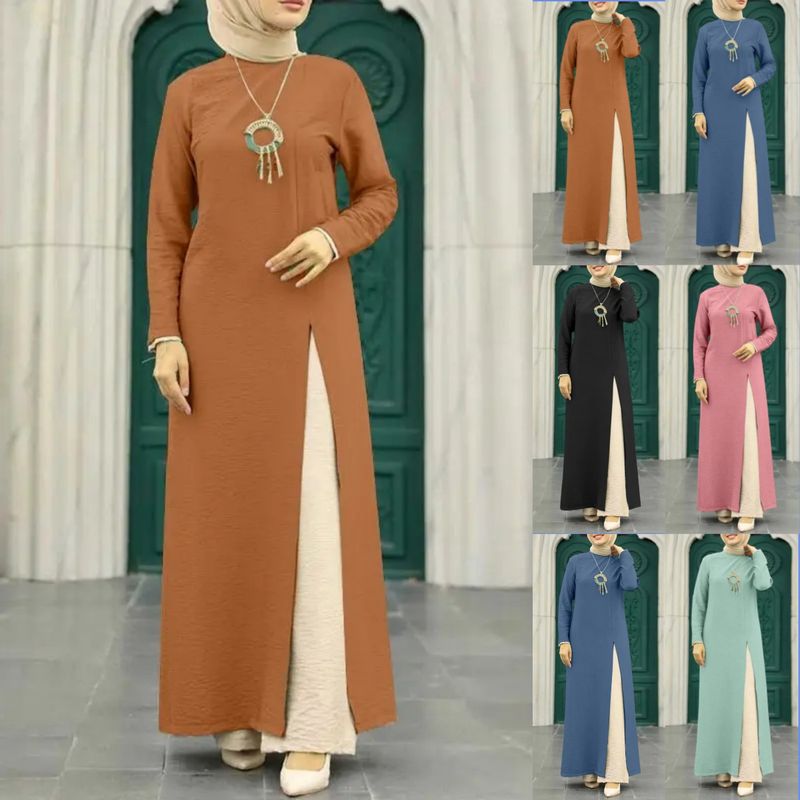 Muslim Women's Suit Ice Silk Wrinkled Long Sleeves High Slit Hem Fashionable Solid Color Elegant Temperament Robe_voghion.com