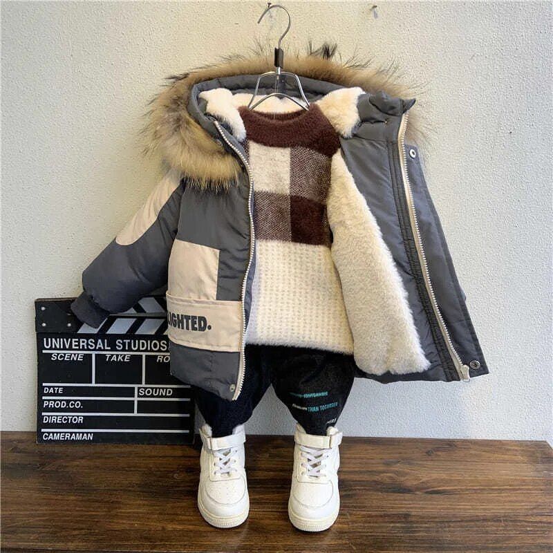 Vinter drengefrakke 2024 Ny babypelskrave Hættebomuld Plus Velvet Thicken Varm jakke til børn Parka 2-8 år Børnetøj_voghion.com