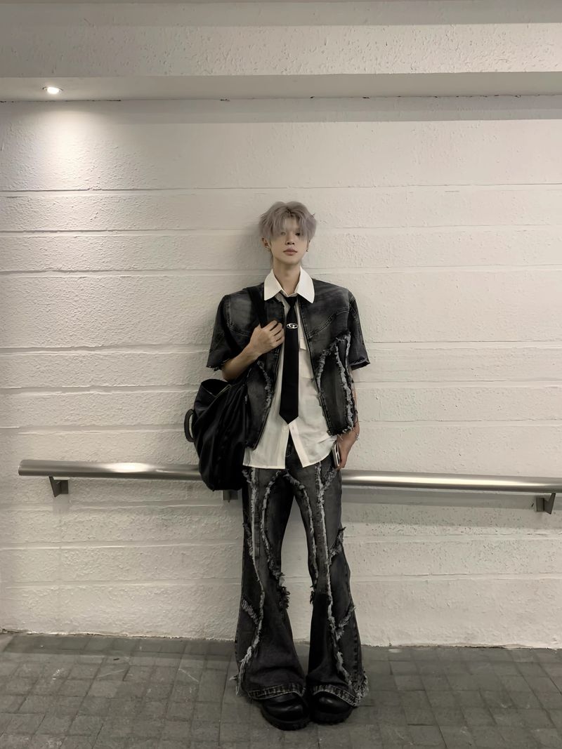 Men's Clothing Niche Design Raw Edge Shoulder Pad Denim Short Sleeve Washed Heavy Jeans Suit Men's Jacket Shirt Short_voghion.com
