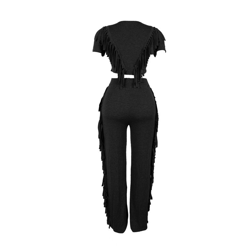 Vêtements pour femmes, ensemble deux pièces confortable et décontracté à pompons élastiques_voghion.com