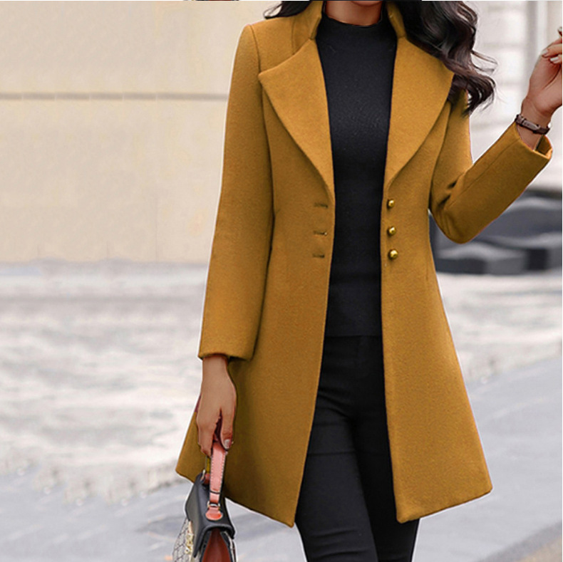 Comemore toamna femei haina cu guler mediu elegant cald iarna jachetă cu un singur nasture culoare solidă turn-down plus size_voghion.com