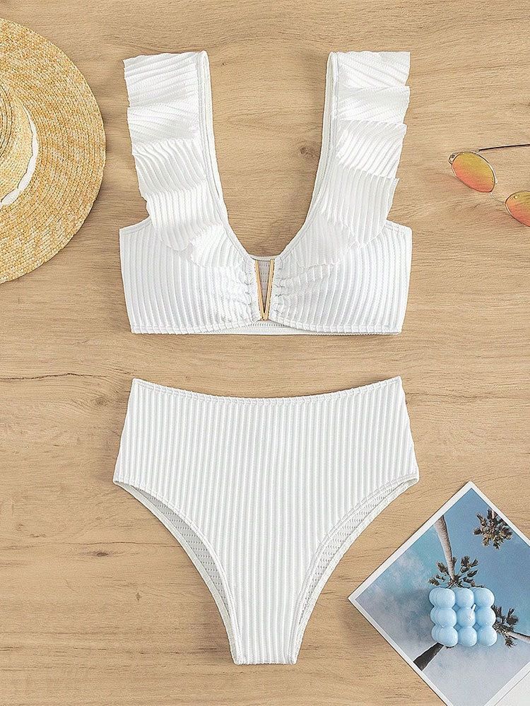 Damenbekleidung Bademode Neuer hochtaillierter Dreieck-Badeanzug Einfarbiger, gerüschter V-Ausschnitt Strandbikini Damen_voghion.com