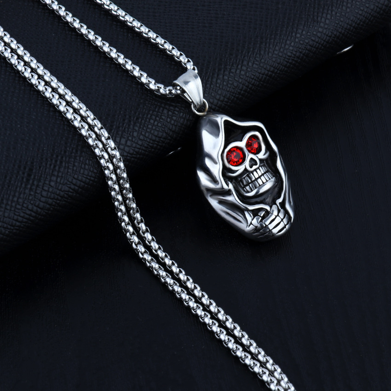 Trendy Halskette mit Anhänger in Totenkopfform, Herrenhalskette, modischer böhmischer Anhänger mit rotem Kristall, eingelegter Anhänger, Zubehör, Partyschmuck_voghion.com