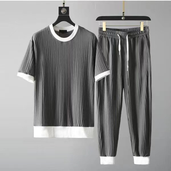 Men's Clothing Summer Thin Ice Silk Sports Men's Color Matching Pleated Large Size T Shirt Nine Point Pants Casual Two Piece Set Foreign Trade_voghion.com