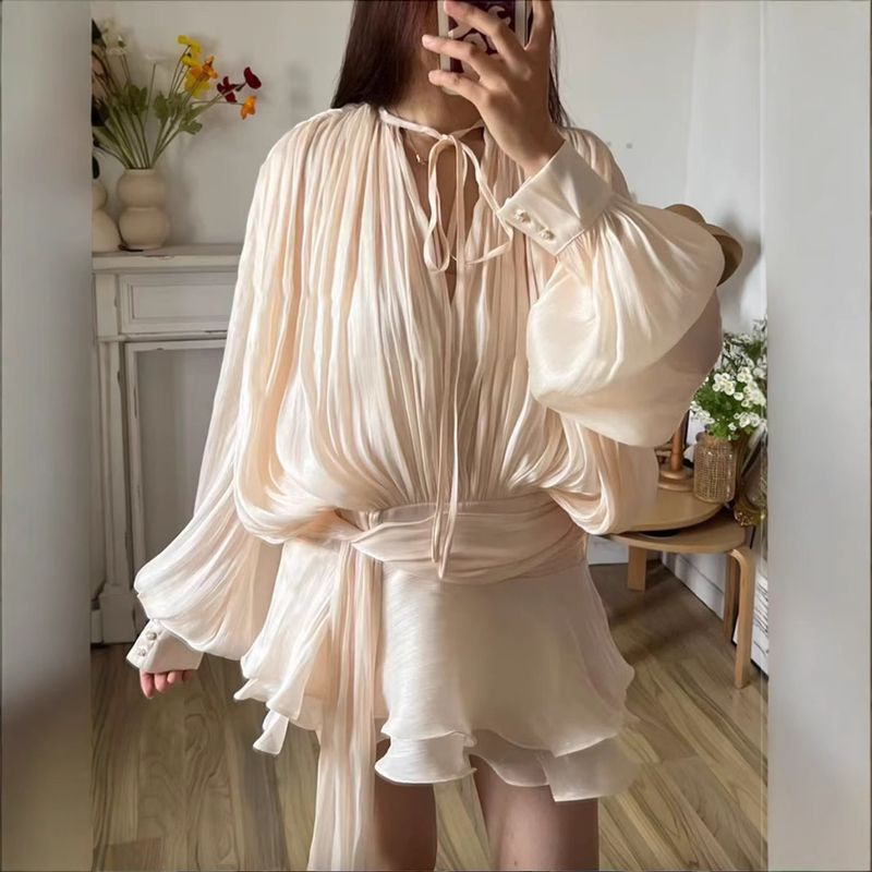 2025 French Style Puff Sleeve Ruffle Two-Piece Set New Pleated Design Short Dress_voghion.com