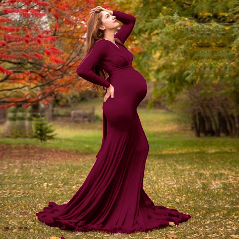 Abito da sera premaman in cotone mercerizzato con scollo a V, maniche lunghe, abito da fotografia_voghion.com