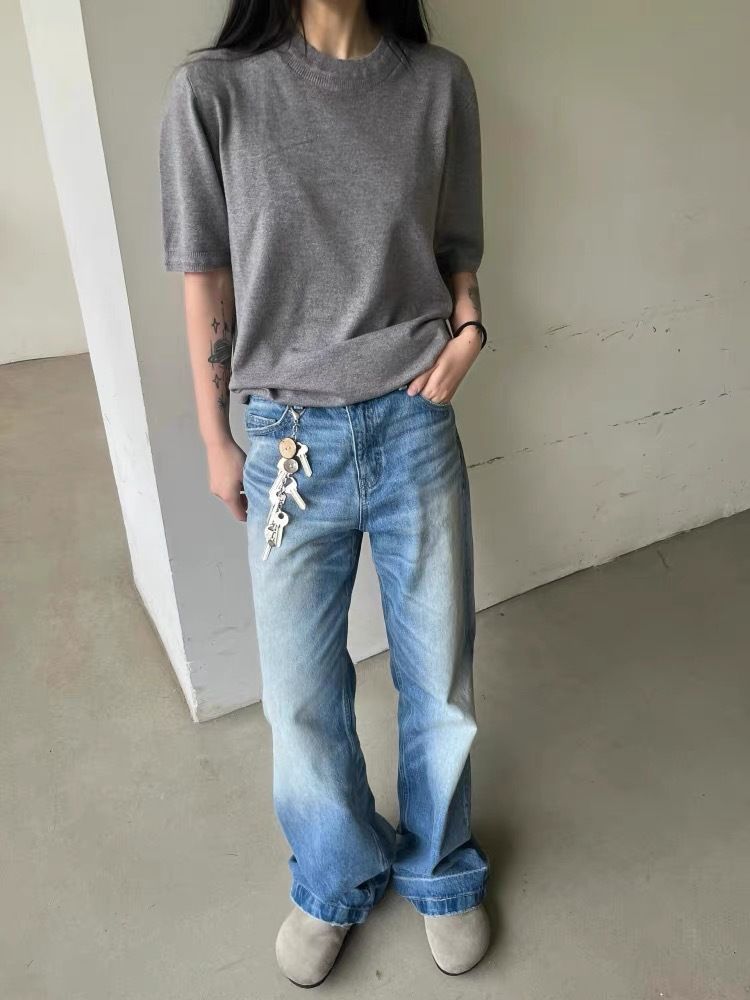 Jeans blu lavati – Denim a gamba larga a trapezio con baffi e scolorimento (80% cotone, rigido e non elasticizzato, per streetwear retrò unisex)_voghion.com