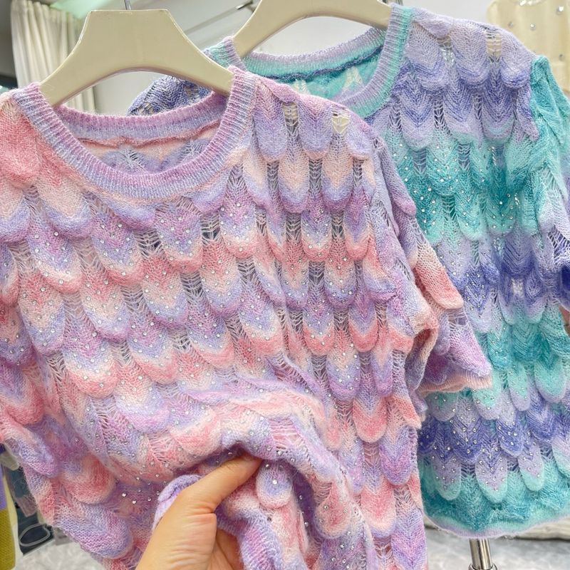 Women's Clothing Summer thin heavy diamond rainbow color knit sweater female new style small fragrance loose pullover loose hollow top_voghion.com
