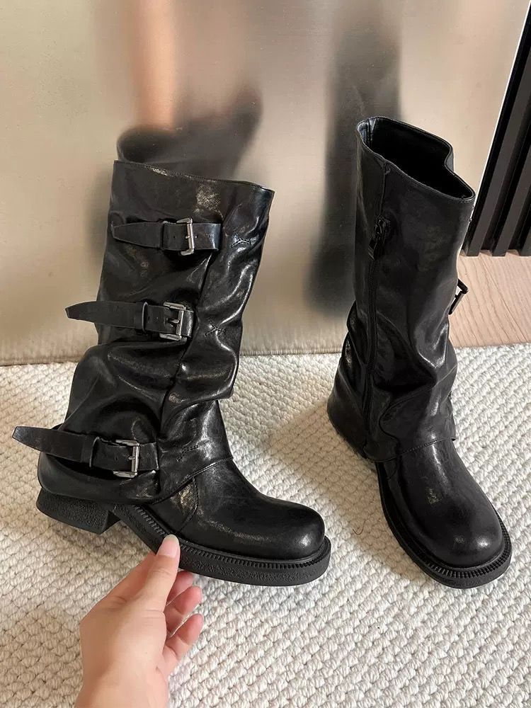 ShoeGlobe Cowhide Version~ Retro Thick-Soled Tube For Women 2025 New Niche Design Wrinkled Pile Long Boots_voghion.com