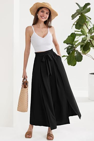 Calça Palazzo Feminina Leve, Casual, de Cintura Alta, com Bolsos e Fenda - Calça Larga e Flutuante para o Verão_voghion.com