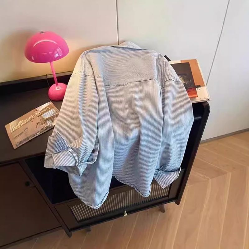 Vintage Blue And White Striped Long Sleeve Denim For Women, Fall 2024 New Design With Colorful Button Turn-down Collar_voghion.com