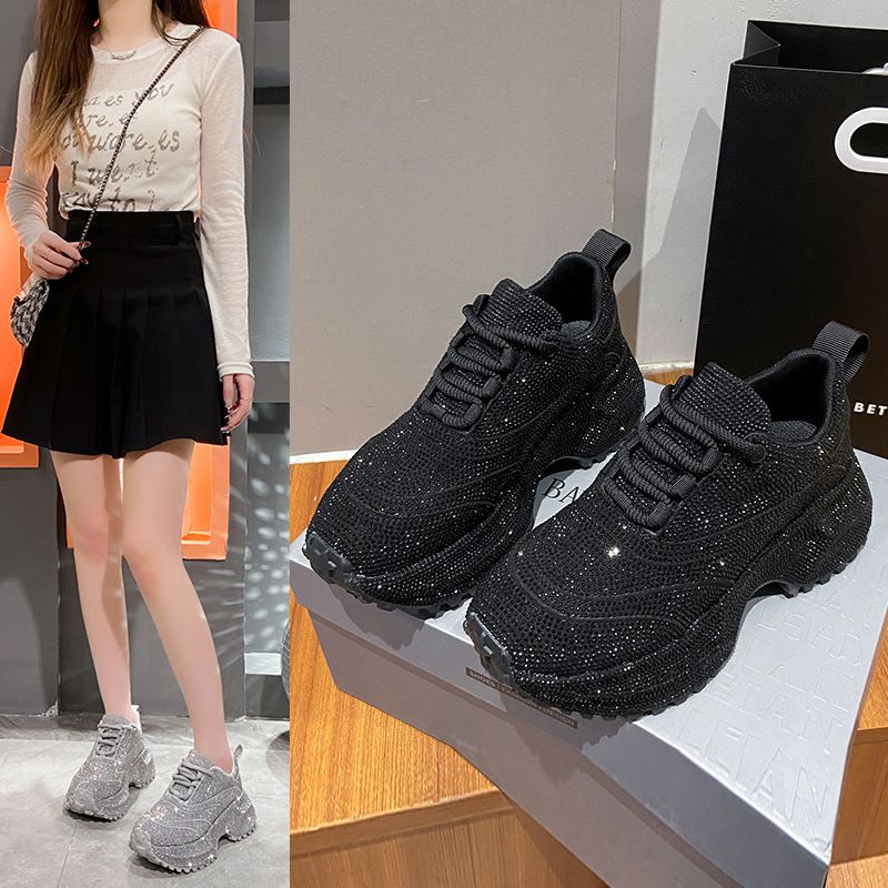 Modische Damen-Sneaker mit Strasssteinen – klobige Plateauschuhe für mehr Körpergröße, atmungsaktives Obermaterial aus PU, lässige und trendige Low-Top-Schnürschuhe_voghion.com