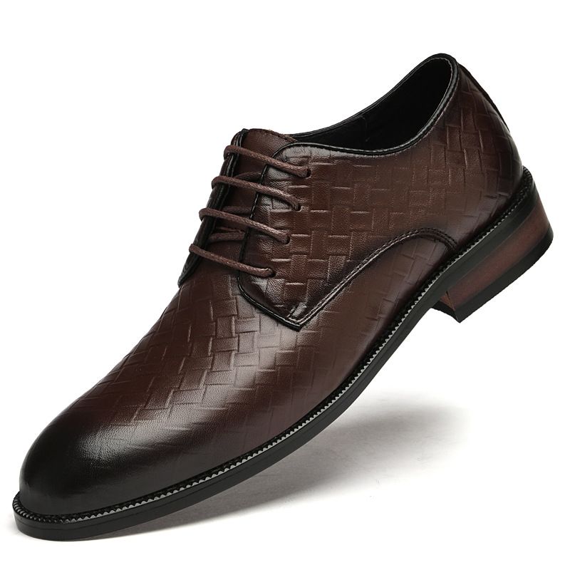 Suitable For All Seasons Thick-Soled Height-Increasing Shallow Mouth Polished Formal Suit Men's Embossed Woven Leather Shoes Office Autumn Men_voghion.com