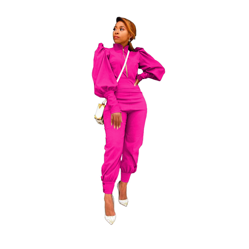 Damenbekleidung Mode Persönlichkeit Design Sinn für einfarbige Blase Ärmel Reißverschluss hoch taillierte Hose zweiteiliger Anzug_voghion.com