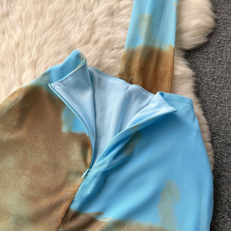 Roupas femininas estilo férias puro desejo menina quente terno feminino manga longa top curto tie dye design fenda quadril saia longa terno de duas peças_voghion.com